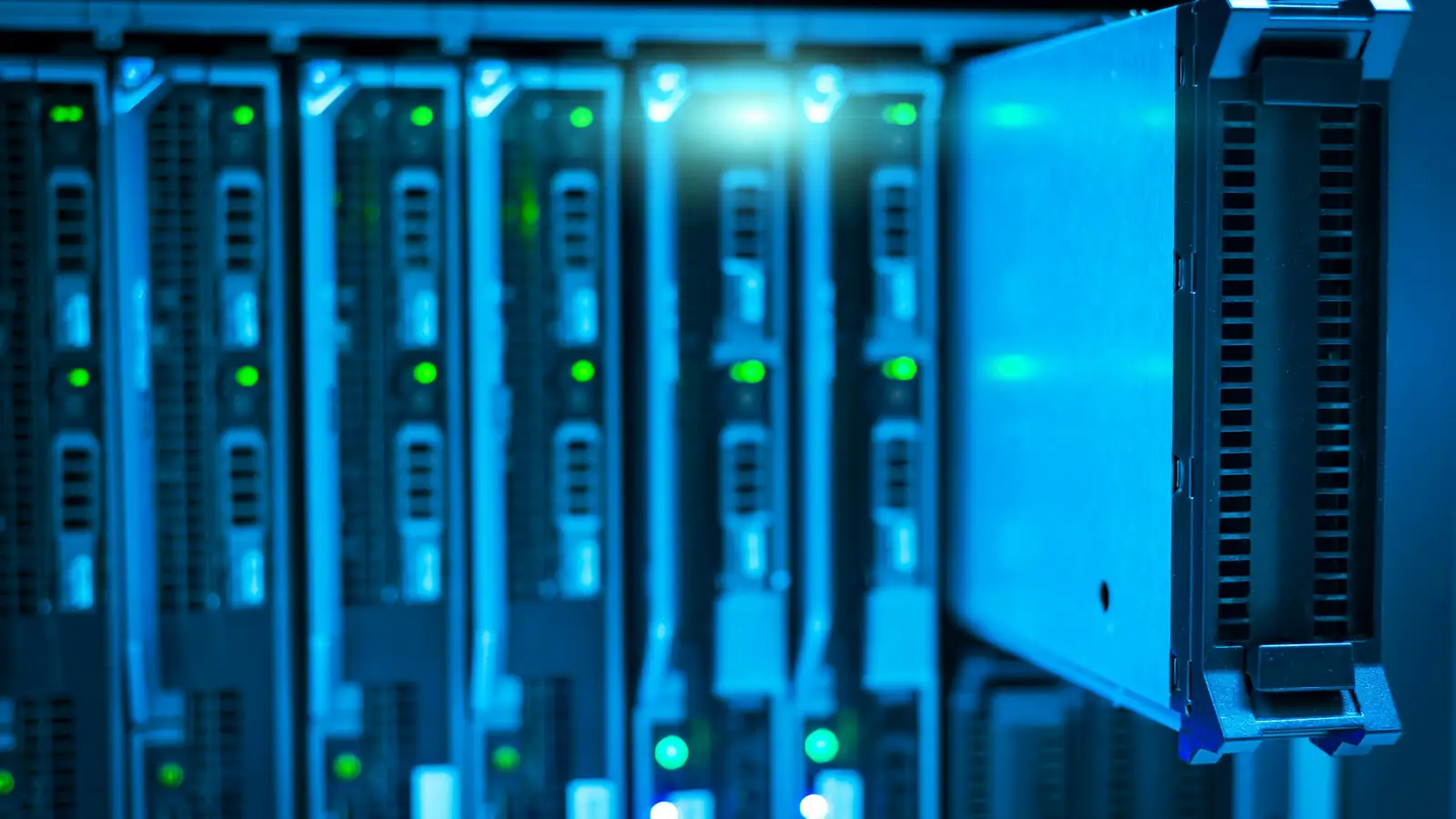 Enterprise data center racks with green LED lights