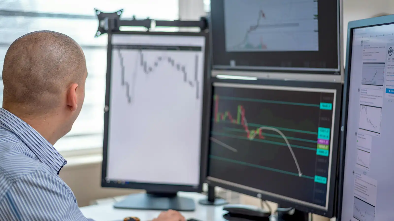 Colorful data visualization dashboards on multiple screens